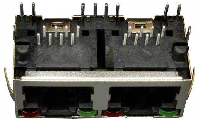 Ein duales RJ45-Ethernet-Port mit Metallgehäuse und zahlreichen Stiften oben zur Konnektivität, verwendet in Netzwerkhardwaregeräten.