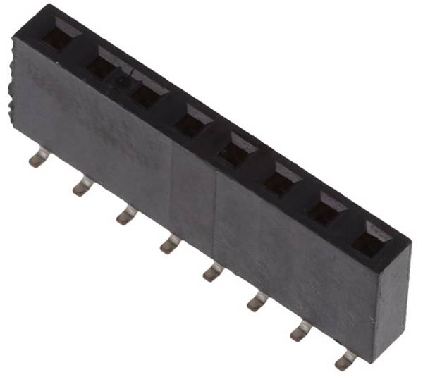 Ein schwarzer Stiftleisten-Stecker mit acht rechteckigen weiblichen Buchsen und Lötpins, verwendet zum Verbinden elektronischer Komponenten.