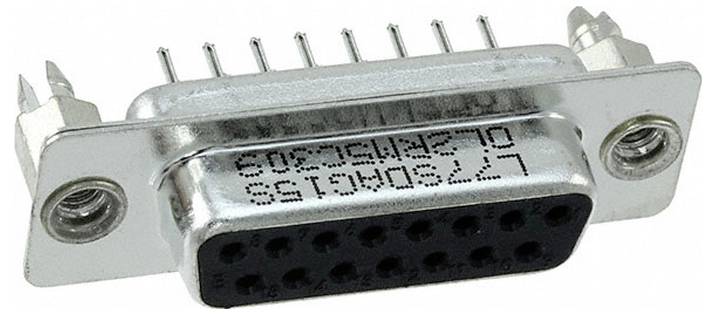 Ein silberner D-Sub-Stecker mit einer Reihe von Stiften und zwei Befestigungslöchern, der häufig zum Anschluss elektronischer Geräte verwendet wird.