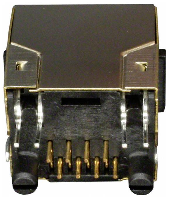 Eine Nahaufnahme eines RJ45-Netzwerksteckers mit sechs vergoldeten Stiften, der für Ethernet-Kabelverbindungen in Netzwerkgeräten verwendet wird.