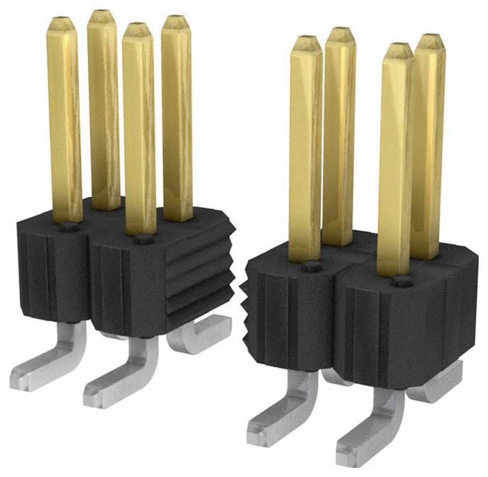 Zwei 4-polige schwarze und goldene Stecker mit rechtwinkligen Pins.