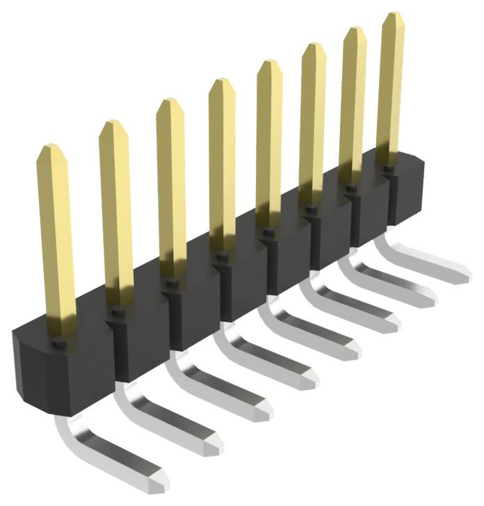 Bild eines rechtwinkligen Stecker-Kopfes mit acht vergoldeten Pins und schwarzem Gehäuse, entwickelt für elektronische Leiterplatten.