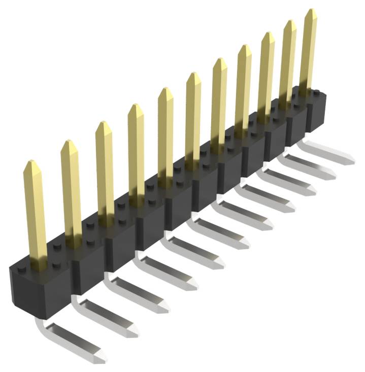 Rechtwinkliger männlicher Steckerleisten-Stecker mit neun vergoldeten Pins und schwarzer Kunststoffbasis, wird für elektronische Verbindungen und Leiterplatten verwendet.