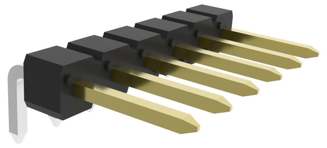 Eine Nahaufnahme einer Reihe von sechs vergoldeten, geraden Stecker-Kopfleisten mit schwarzer Kunststoffbasis, die zum Verbinden elektronischer Komponenten verwendet werden.