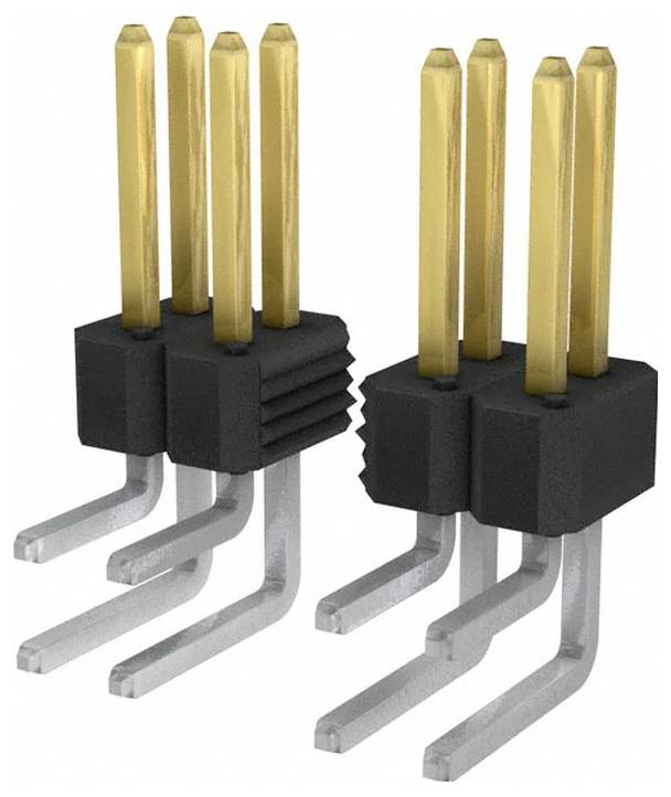 Ein Paar geschirmter abgewinkelter Stiftleisten mit je drei vergoldeten Stiften, schwarzer Kunststoffbasis und silbernen Beinen. Wird für elektrische Verbindungen auf einer Leiterplatte verwendet.