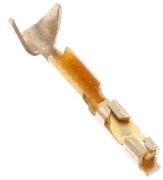 Ein metallischer Stecker-Anschluss mit Griffmerkmalen, konzipiert für elektrische Drahtverbindungen, von einer seitlichen Perspektive betrachtet.