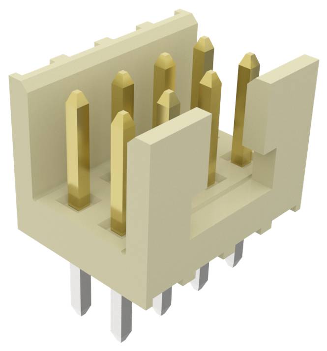 Ein beiger Kunststoffstecker mit acht vertikalen Goldstiften und vier Silberstiften an der Basis, der in elektronischen Geräten für Verbindungen verwendet wird.
