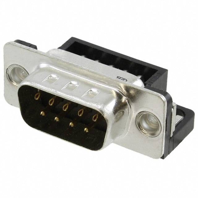 'DB9-Stecker, männlich': Ein rechteckiger Stecker mit neun goldenen Pins in zwei Reihen, eingebaut in ein rechteckiges Metallgehäuse.