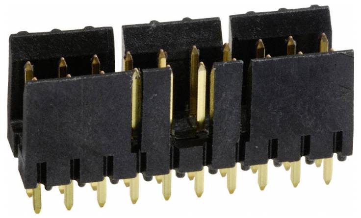 Ein schwarzer und goldener zweireihiger weiblicher Stiftleisten-Verbinder mit zwei Sätzen zu je fünf Stiften für elektronische Schaltungsverbindungen.