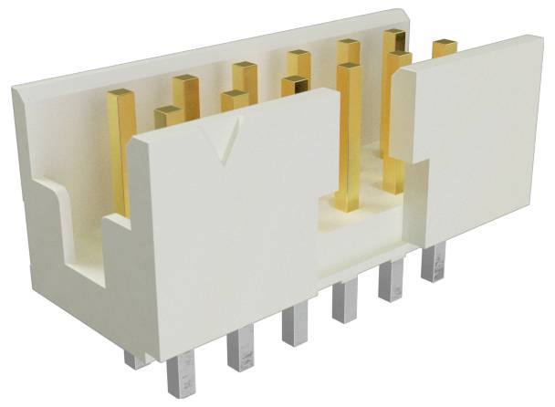 Ein weißer Elektrostecker mit mehreren vergoldeten Stiften im Inneren, aus einem Winkel fotografiert, der seine Struktur und die Metallstifte hervorhebt.