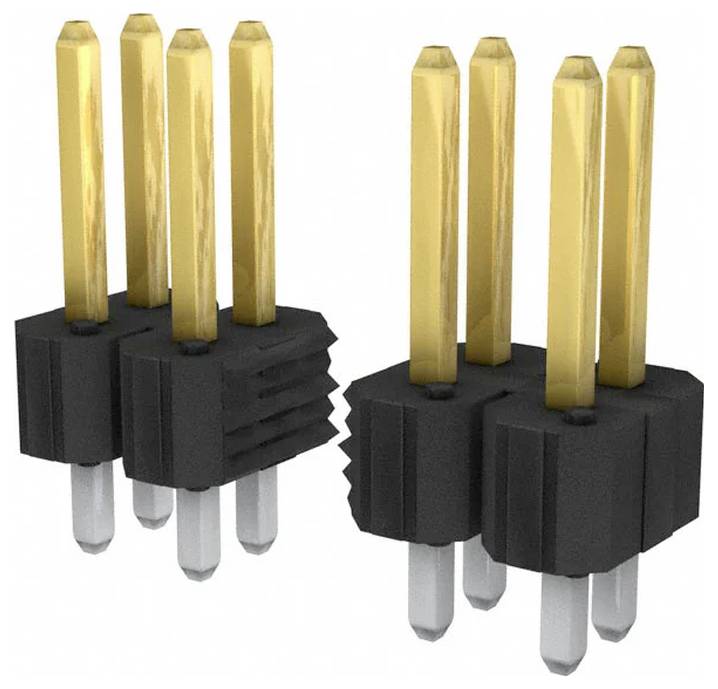 Zwei schwarze und goldene Steckverbinder mit je vier Stiften, verwendet für elektronische Schaltungsverbindungen.