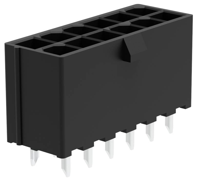 Ein schwarzer rechteckiger 10-Pin-Stecker mit nach unten ausgerichteten Metallkontakten, verwendet für elektronische Verdrahtung und Komponentenverbindungen.