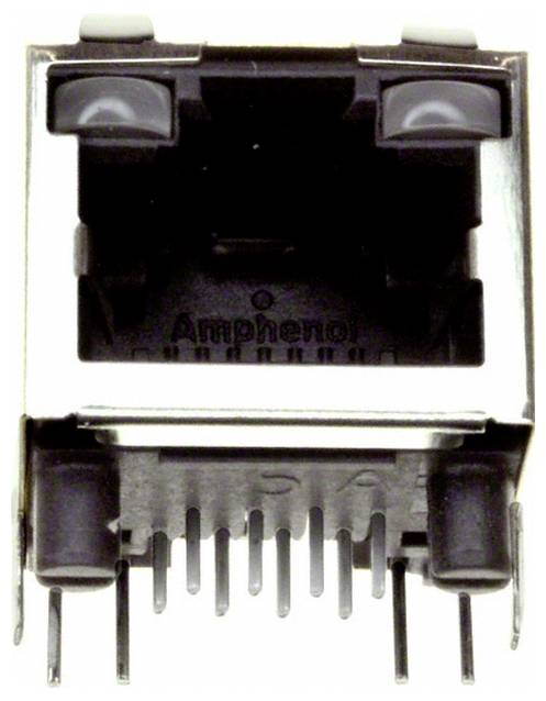 Nahaufnahme einer weiblichen RJ45-Buchse, die für Netzwerkkabelverbindungen verwendet wird, zeigt das Stiftlayout und den Namen des Herstellers.