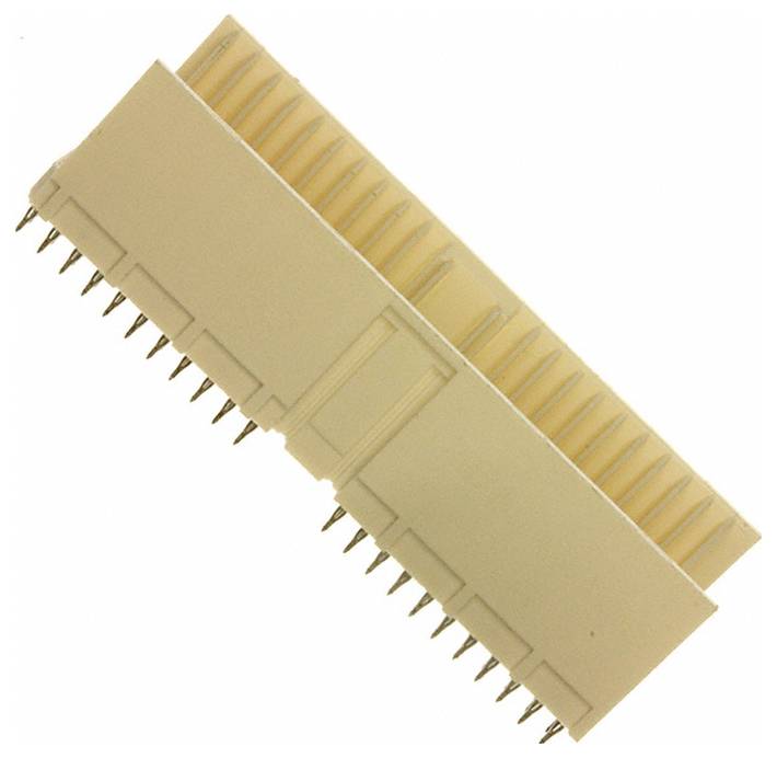 Eine schrägansicht eines beigen elektronischen Steckers mit mehreren Metallstiften, der zum Anschluss von Schaltkreisen oder Komponenten in der Elektronik verwendet wird.