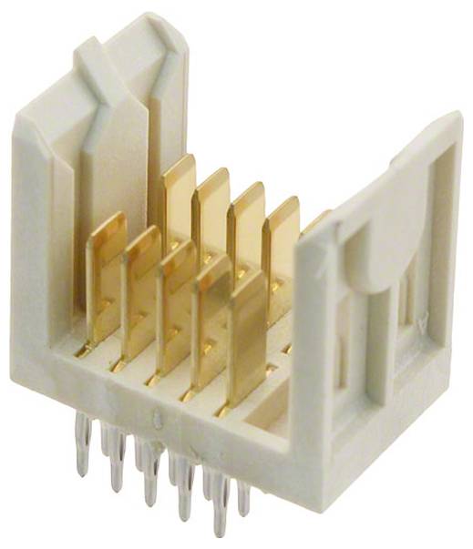 Ein weißer 8-poliger Stecker mit vergoldeten Kontakten, der für elektronische Verbindungen verwendet wird, in perspektivischer Ansicht, die seine Stiftstruktur zeigt.