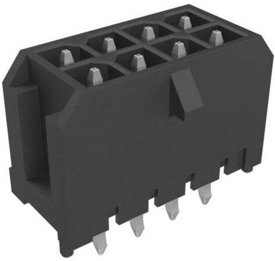 Ein schwarzer Elektrostecker mit acht Metallkontakten zur Leiterplattenmontage, entwickelt für elektronische Schaltungen und Geräteverbindungen.