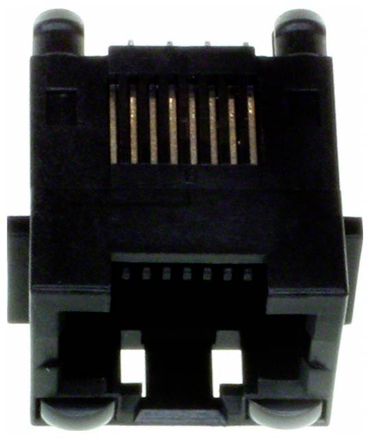 Nahaufnahme eines RJ45-Buchsenkonnektors für Netzwerkkabel, die die Metallstifte im Sockel zeigt.