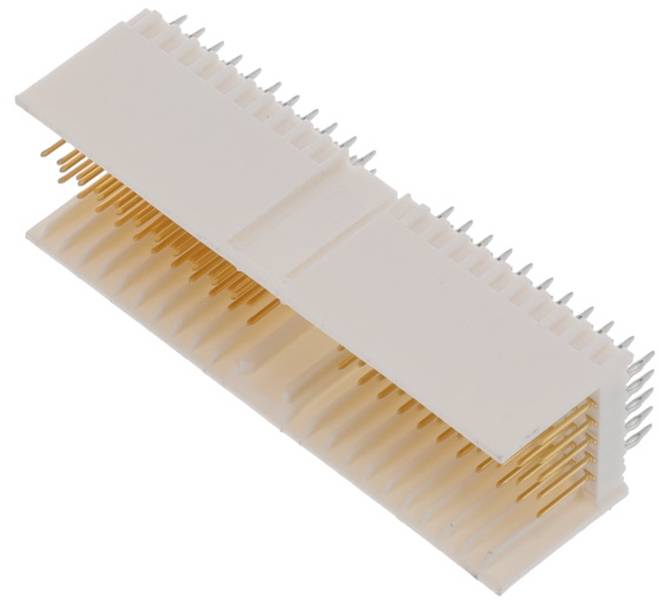 Ein Kunststoff-Doppelreihen-Stiftleistenstecker mit mehreren vergoldeten Kontakten; wird typischerweise für elektronische Hardwareverbindungen verwendet.