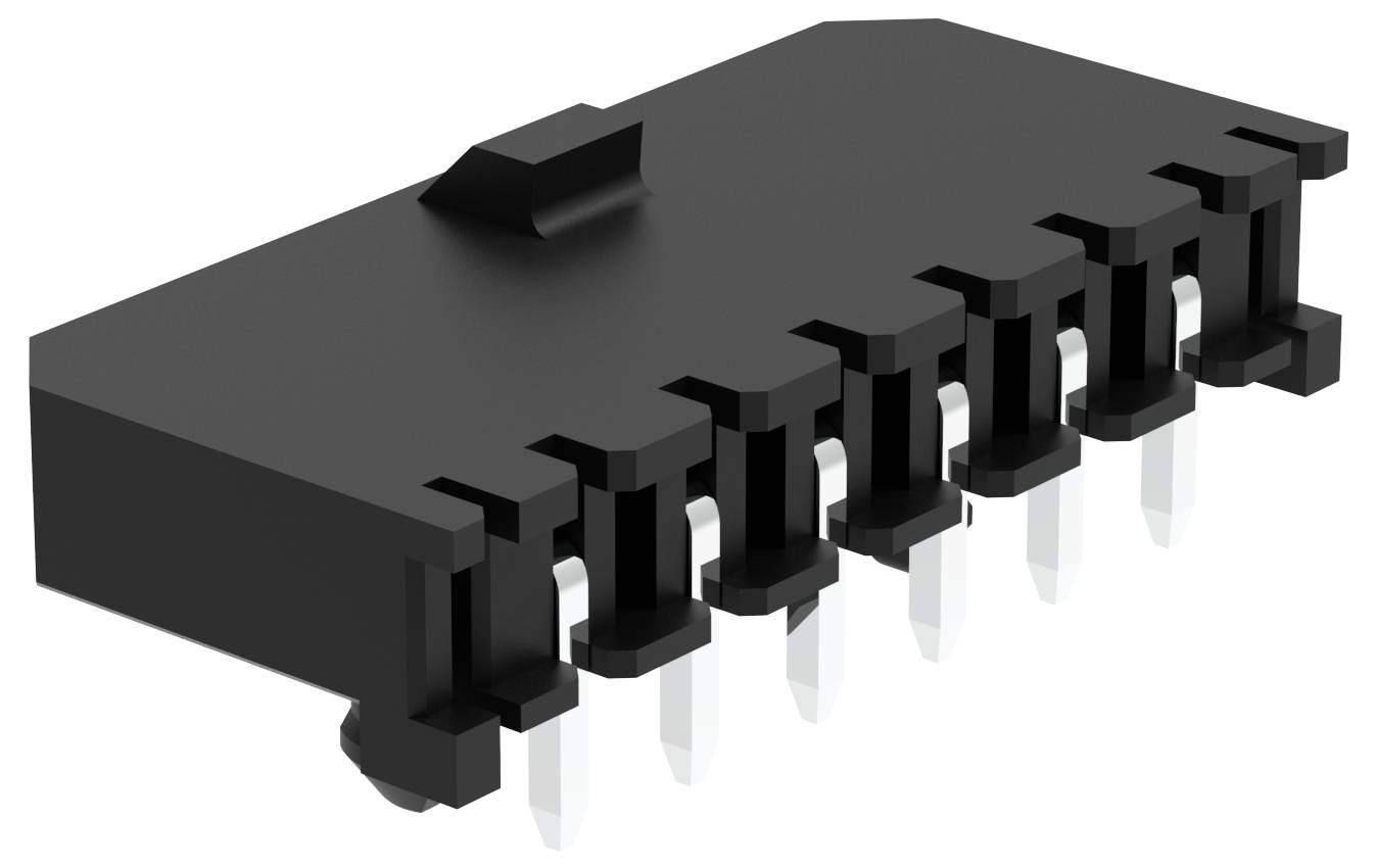 Ein schwarzer, rechteckiger 8-poliger elektronischer Stecker mit einer Verriegelungslasche, aus einem Winkel betrachtet, der die metallischen Stifte darunter zeigt.