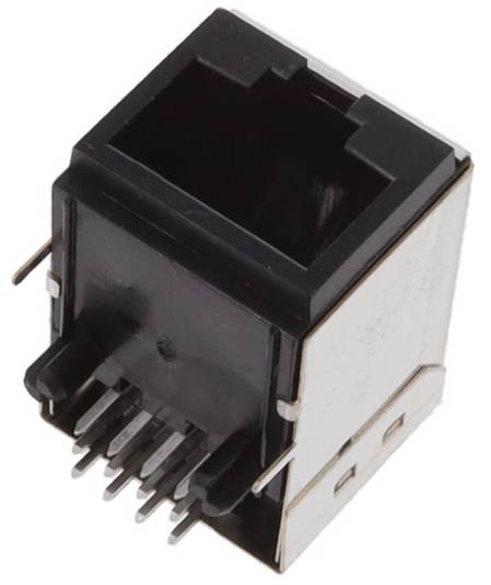 Eine rechteckige, schwarze Ethernet-Buchse mit Metallstiften, die von unten für elektronische Verbindungen herausragen.