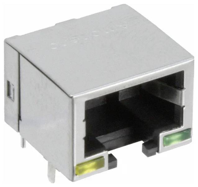Ein metallischer RJ45-Ethernet-Anschluss mit zwei LED-Indikatoren, einem grünen und einem gelben, der häufig für Netzwerkverbindungen in elektronischen Geräten verwendet wird.