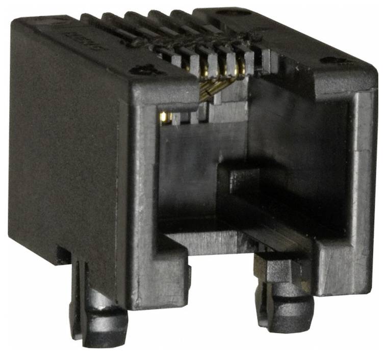 Nahaufnahme eines schwarzen RJ45-Steckverbinders mit sichtbaren Metallkontakten und Öffnung zum Einstecken eines Ethernet-Kabels.