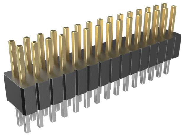 Eine Nahaufnahme eines zweireibigen Stiftleistenverbinders mit Gold- und Silberkontakten, der in elektronischen Schaltungen und Geräten verwendet wird.
