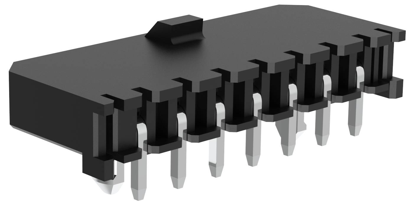 Ein schwarzer, rechteckiger elektronischer Stecker mit mehreren metallischen Stiften, der zur Befestigung auf einer Leiterplatte ausgelegt ist.