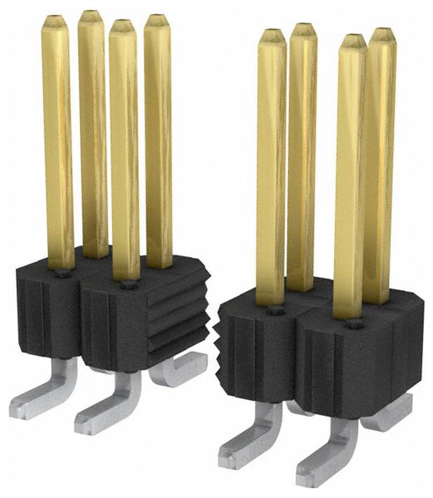 Zwei Reihen vergoldeter Leiterplattenstiftleisten mit schwarzen Kunststoffbasen und versilberten Metallstiften, die für elektronische Schaltungsverbindungen ausgelegt sind.