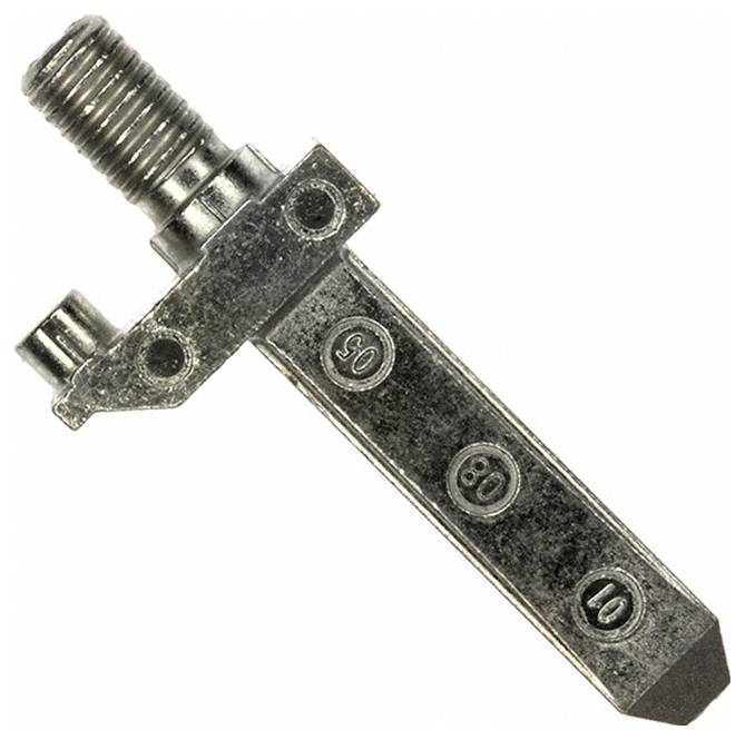 Ein Möbel-Nivellierfuß aus Metall mit einem Gewindestift und einer rechteckigen Grundplatte mit den eingeprägten Zahlen 8 und 10 auf seiner Oberfläche.