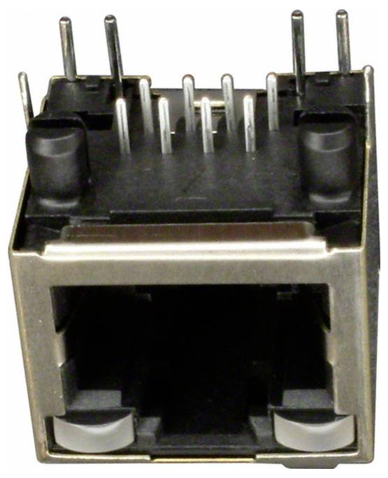 Eine Nahaufnahme eines Ethernet-Port-Steckers, die das metallische Äußere und die internen Stiftkontakte zeigt, die für Netzwerkkabelverbindungen verwendet werden.