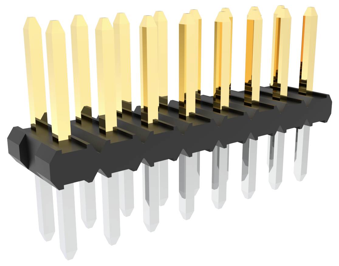 Ein 2x15-Stiftheader mit vergoldeten Stiften auf schwarzer Kunststoffbasis, typischerweise für elektronische Verbindungen auf Leiterplatten verwendet.