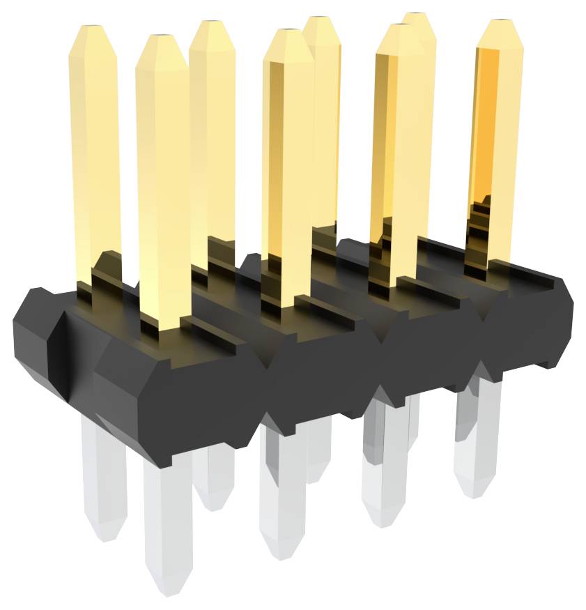 Vergoldeter Steckerleiste mit schwarzer Basis und sechs vertikalen Stiften, häufig verwendet für elektrische Verbindungen auf Leiterplatten oder elektronischen Geräten.