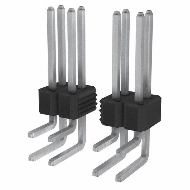 Zwei schwarze rechteckige Steckverbinder mit mehreren silbernen Stiften, die nach unten abgewinkelt sind, verwendet für elektronische Leiterplattenverbindungen.