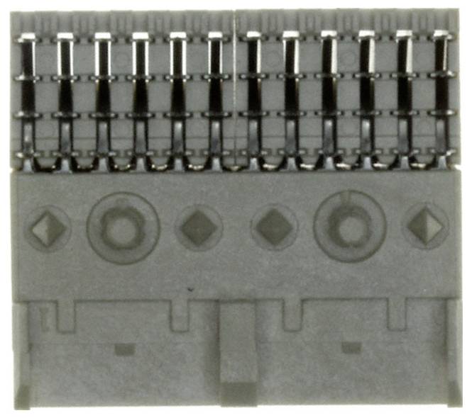 Ein Nahaufnahmebild eines grauen, rechteckigen Elektrosteckers mit mehreren Steckplätzen, die für eine sichere Befestigung in elektronischen Geräten ausgelegt sind.