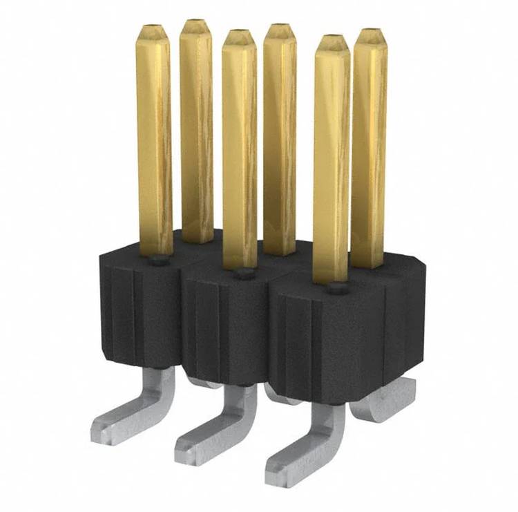 Eine 3D-Darstellung eines Fünf-Pin-Steckers mit goldenen Kontakten und schwarzem Kunststoffgehäuse, montiert auf einer metallischen Basis mit gebogenen Beinen.
