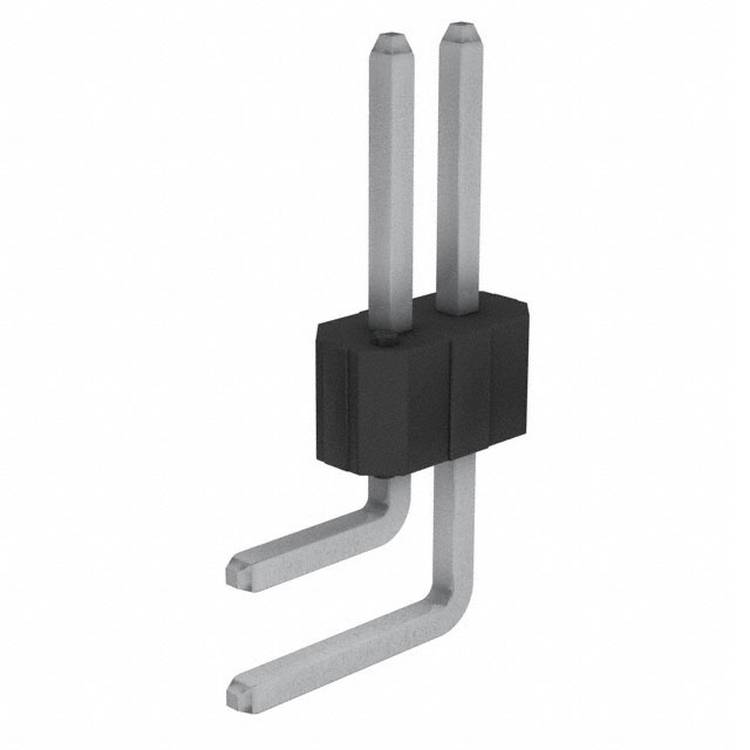 Ein schwarzer elektronischer Zwei-Pin-Stecker mit silbernen Kontakten, geeignet zum Einstecken in Leiterplatten.