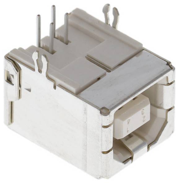 Silberner und weißer rechteckiger elektronischer Stecker mit Metallstiften und Schlitzen oben, verwendet zur Verbindung elektronischer Komponenten miteinander.