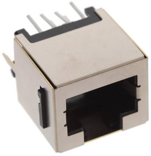 Ein Metall-RJ45-Ethernet-Anschluss mit sichtbaren Kontaktstiften zum Verbinden von Netzwerkkabeln.