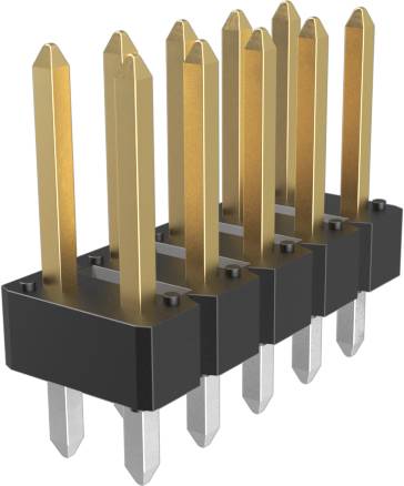 „Fünf vergoldete Stecker mit Stiften auf schwarzer Kunststoffbasis, Ansicht von der Seite im Winkel, verwendet für elektronische Schaltungsverbindungen.