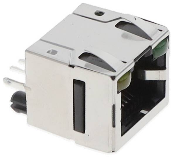 Ein metallisches geschirmtes RJ45-Ethernet-Anschlussfeld mit integrierten LEDs, das zur Netzwerkverkabelungsverbindung in elektronischen Geräten verwendet wird.