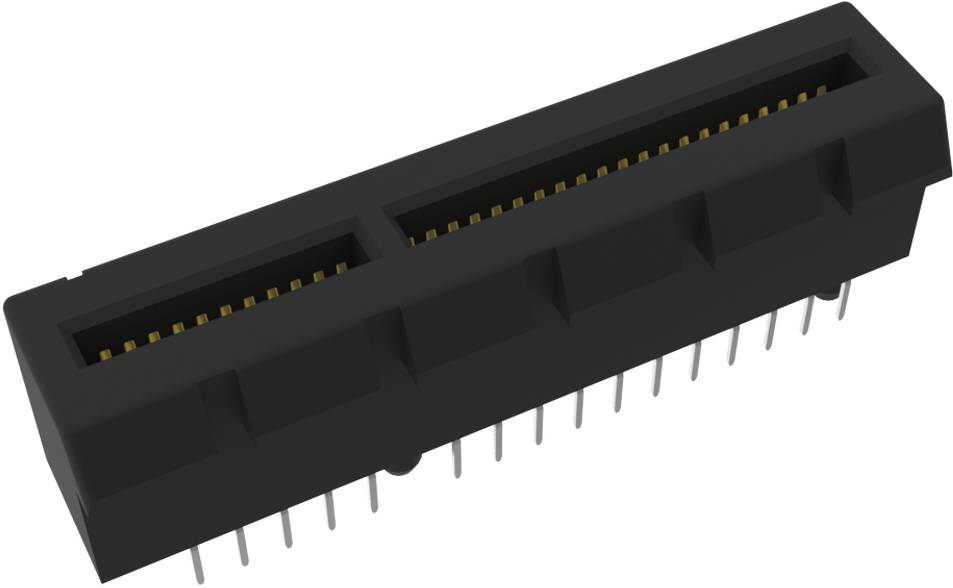 Ein schwarzer und goldener Steckverbinder mit mehreren Pins, verwendet für elektronische Geräte, aus einer schrägen Perspektive gezeigt.