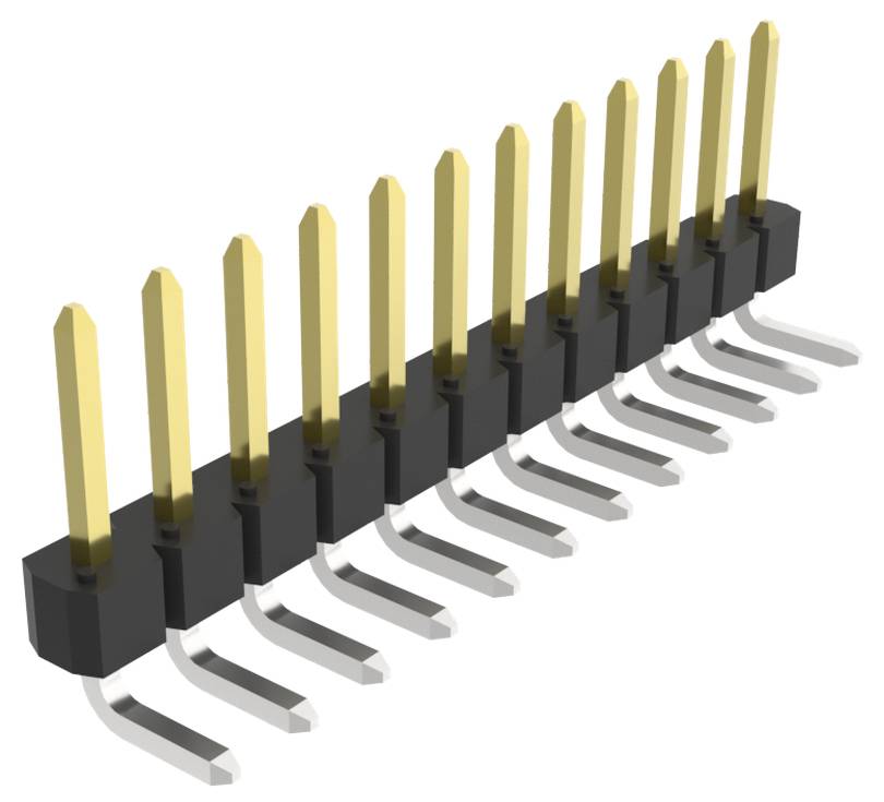 Ein 10-poliger Stiftleistenstecker mit vergoldeten Kontakten und schwarzem Kunststoffträger. Die Stifte sind L-förmig ausgeführt für oberflächenmontage auf einer Leiterplatte.