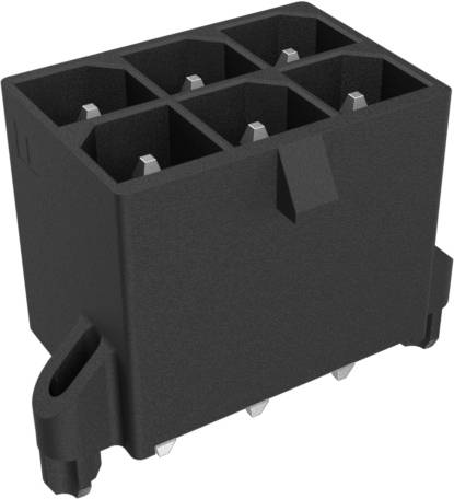 Schwarzer rechteckiger Stecker mit sechs Stiftkontakten und vorstehenden Metallstiften an der Basis, wird für elektrische oder elektronische Verbindungen verwendet.