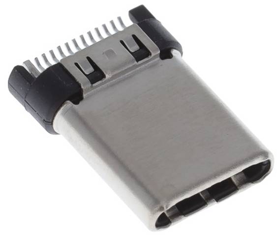 Nahaufnahme eines USB-Typ-C-Steckers mit Metallgehäuse und schwarzen Kunststoffelementen, zeigt Kontakte oben, wird für Datenübertragung und Laden verwendet.