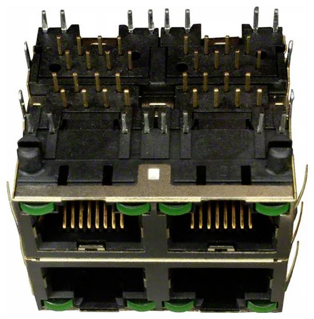 Nahaufnahme eines gestapelten RJ45-Ethernet-Steckerverbinders mit mehreren Kontaktstiften zur Datenübertragung, die in Netzwerkgeräten verwendet werden.