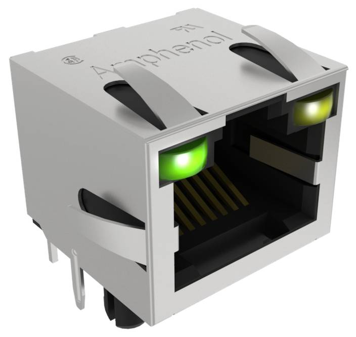 Ein RJ45-Ethernet-Anschluss mit LED-Anzeigen, eine grüne und eine gelbe, auf einem metallischen Gehäuse.