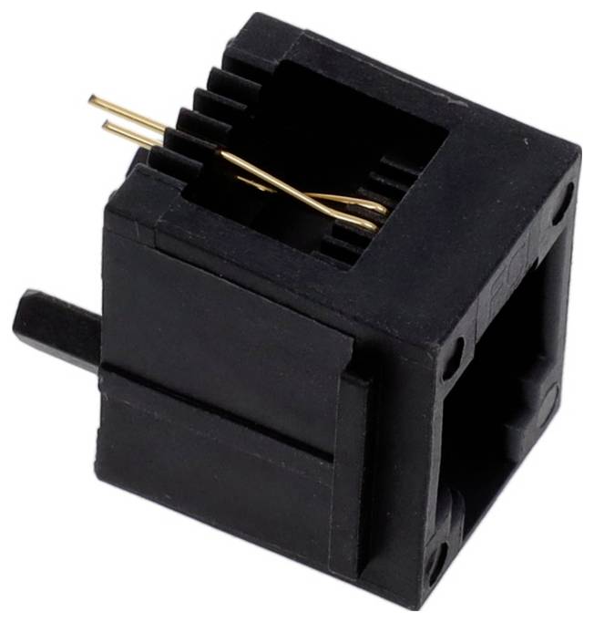 Schwarzer Kunststoff-RJ45-Stecker mit vergoldeten Stiftkontakten, verwendet für Netzwerkkabelverbindungen in der Telekommunikation und Computervernetzung.