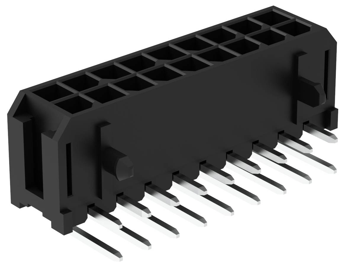 Schwarzer rechteckiger Elektrostecker mit 16 Metallstiften, die unten hervorstehen, konzipiert für Leiterplattensteckverbindungen.