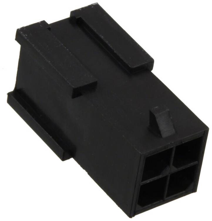 Ein schwarzer, rechteckiger 4-poliger elektrischer Stecker, unter einem Winkel dargestellt, mit sichtbaren Clips oben für sichere Verbindungen.